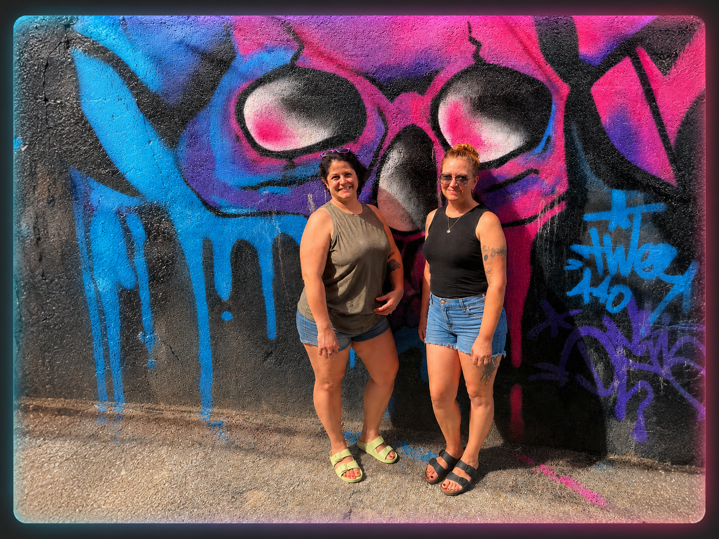 Chelsea and Britney standing together in front of a colorful graffiti mural